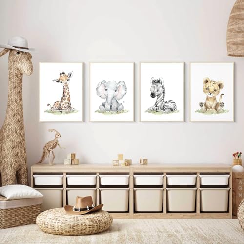 Safari Nursery Wall Art Decor Baby Animal Canvas Wall Art Woodland Nursery Wall Decor Kids Jungle Animal Pictures Safari Giraffe Elephant Tiger Prints for Room Bedroom Set of 4 12x16 Inch Framed