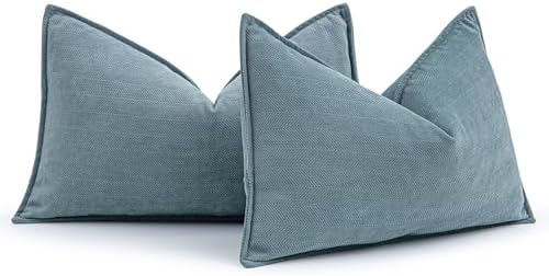 MIULEE Pack of 2 Dusty Blue Decorative Lumbar Chenille Pillow Covers 12x20