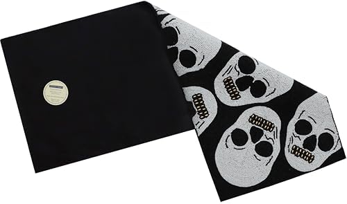 COTTON CRAFT Halloween Beaded Table Runner - Black White Skulls 13x36 inch