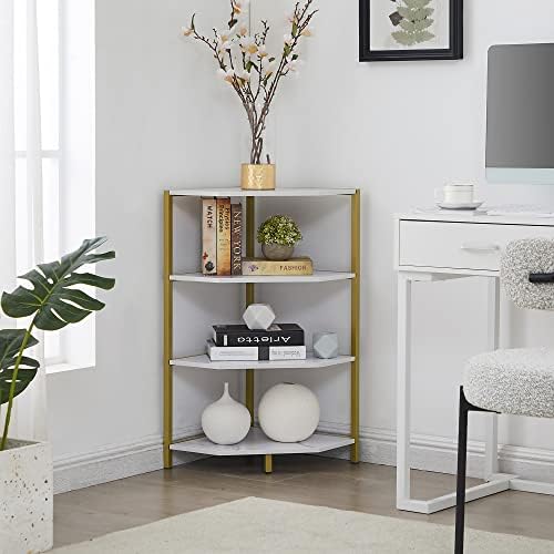 VECELO 31 Inch Corner Shelf, 4-Tier Display Shelves, Wood Storage Stand with Metal Frame, Multipurpose Shelving Unit for Small Space, Home Office,Brushed Gold