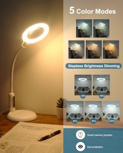 12X Magnifying Glass with Light and Stand, Real Glass, LED 5 Color Modes, Brightness Stepless Dimming Lighted Magnifier Hands Free, Flexible Gooseneck Desk Lamp with Clamp for Close Work, Craft, White