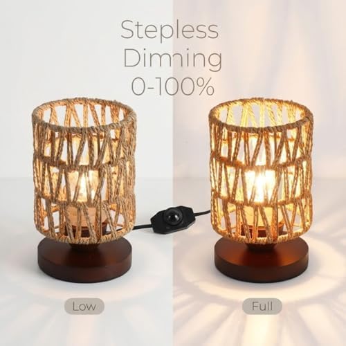 Handmade Rattan Lamp Farmhouse Table Lamp for Bedroom, Stepless Dimming Rustic Woven Lamps for Night Stands with Warm White LED Bulb, Boho-Inspired Boho Lamps for Living Room Kitchen Nook