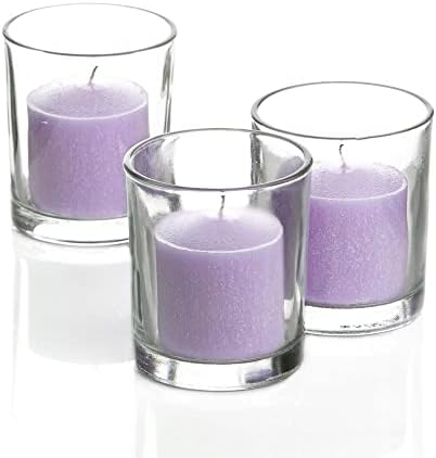 Set of 12 Lavender Scented Richland Votive Candles and 12 Clear Glass Eastland Votive Holders