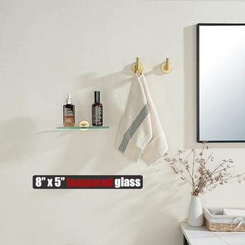 JQK Bathroom Glass Shelf Gold, Tempered Glass Shower Storage 8 by 5 inches, 304 Stainless Steel Brushed Gold Wall Mount, TGS101L8-BG