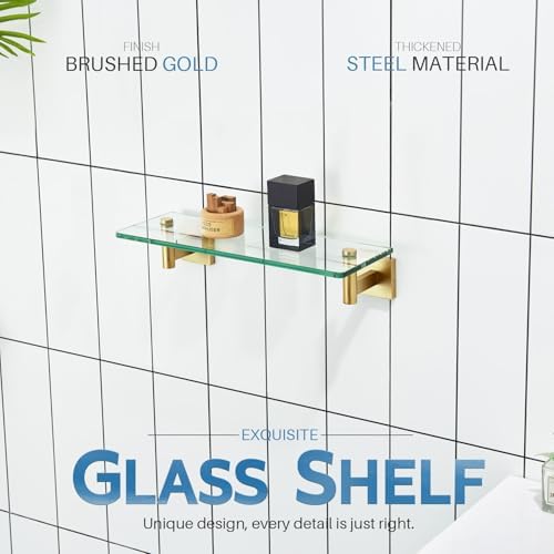 KOKOSIRI Wall Shelves Floating Shelf 12'' Stainless Steel Bathroom Hardware Tempered Glass Small Hanging Rack for Storage/Room Decor Gold B1105BG-L12