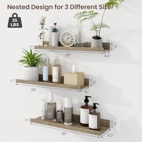 Axeman 20 Inch Floating Shelves, Grey Picture Ledge Shelf Set of 3