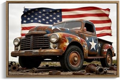 American Flag Framed Canvas Wall Art, 4th of July Patriotic Canvas Prints | USA Flag with Truck Poster Print, Vintage Independence Day Wall Decor for Bedroom Living Room Dining Room Office 16×20in