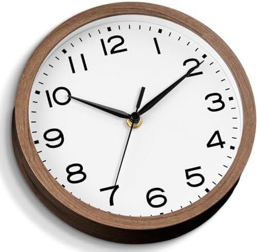 AKCISOT 8 Inch Wall Clock, Silent Battery Operated Analog Clock, Walnut | Small Size | Bedroom | Office | Kitchen | Bathroom | Classroom | Modern | Easy to Read