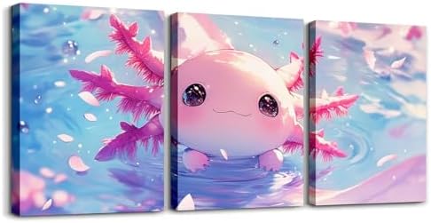 Feelyou Kids Cute Axolotl Canvas Wall Art Living Room Bedroom Cartoon Salamander Picture Wall Decor Girls Princess Wall Painting Posters and Prints Pink Ocean Sealife Bathroom Wall Art 12"x16" 3Pcs