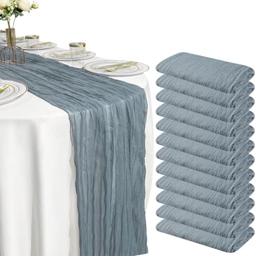12 Pack Dusty Blue Cheesecloth Table Runner – 10FT Gauze Boho Table Runners for Wedding, Baby Shower, French Blue Bridal Party, Rustic Vintage Event Decor