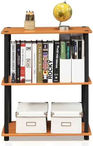 Furinno TURN-N-TUBE Storage Shelves, 3-Tier Book Shelf, Corner Shelf, Toolless Open Shelves, for Organization and Storage, Living Room, Garage, Home Office, Light Cherry