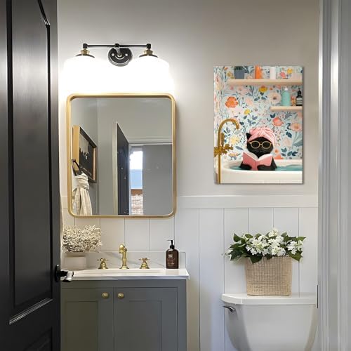 Funny Black Cat Bathroom Wall Art, Bathroom Animal Pictures Canvas Prints, Framed Cute Cat Posters Wall Decor for Living Room Bedroom Toilet Kids Room Wall Paintings 16x24 inch