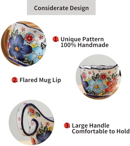 ALMA 18oz Microwavable Soup Bowl with Loop Handle, Handpainted Decorative Mug Big Handle, Ceramic Soup bowl for Mother, Cereal Bowl Great for Fruits, Chili, Stew, Ice cream
