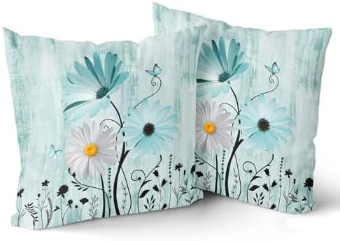 Giwawa 2PCs Teal Daisy Pillow Covers- 16"x16" Rustic Turquoise Floral Double Sided Square Pillowcases- Farmhouse Flower Butterfly Throw Cushion Cover for Sofa Porch Patio Outdoor Decor
