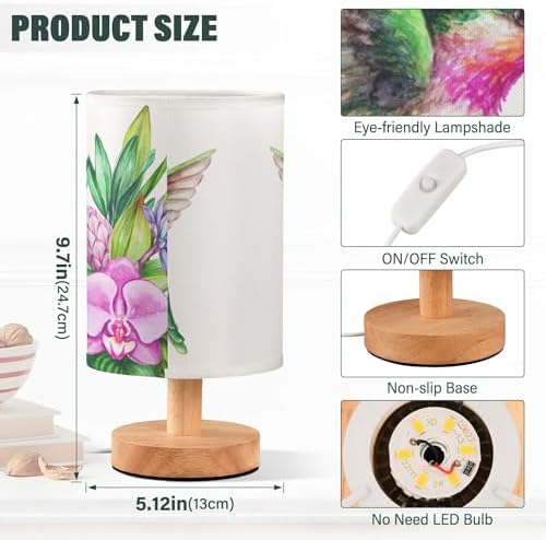 Table Lamp Flying Hummingbird Nature Tropical Orchid Flower Jungle Leaves Nightstand Lamp with Wood Base Fabric Lamp Shade Bedside Desk Lamp for Living Room Bedroom Kids Room Office