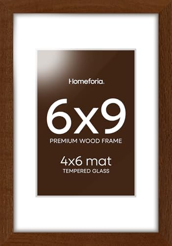 Homeforia 6x9 Brown Oak Picture Frame, High-End Wood, 4x6 Mat, Glass