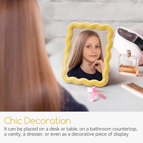 Philbinden Cute Wave-Shaped Desk Vanity Makeup Mirror, Portable Folding Travel Make Up Mirror for Standing/Hanging, Home Decorations Mirror for Women Girls (1, Yellow)