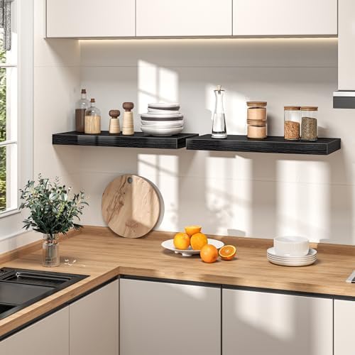 Fun Memories 27.5 Inch Deep Floating Shelves, Set of 2 Heavy Duty Wall Mounted Shelves with Invisible Brackets, Large Rustic Wood Storage Bookshelf for Living Room, Bathroom and Kitchen, Black