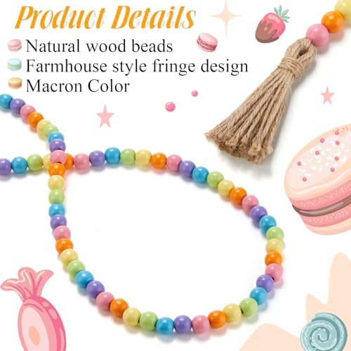 Equsion Rustic Wood Bead Garland with Tassel Farmhouse,Ice Cream Color