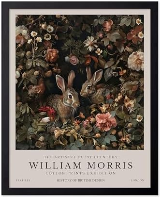 Monem Art William Morris Poster - Bunny Couple & Botanical Print - Exhibition Art - Farmhouse Decor - Aesthetic Living Room Decor - 11x14 Black Framed