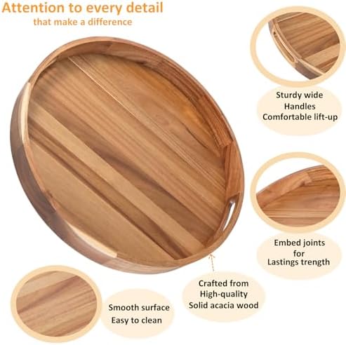 Wooden Serving Tray with Handles 22 Inch Extra Large Round Ottoman Tray Acacia Large Wood Trays for Ottoman Coffee Table Tray Decorative Trays for Living Room Wooden Trays for Food