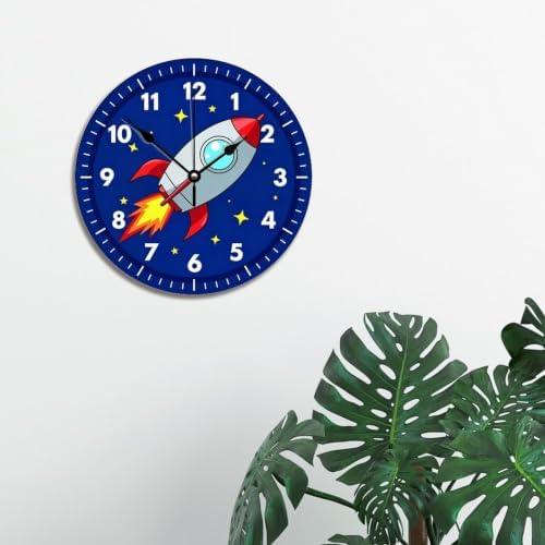 ArogGeld Kids Room Wall Clock Colourful Rocket Ship Outer Space Wood Clock