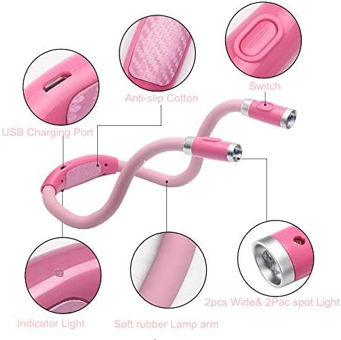 Rechargeable LED Neck Reading Light, Book Lights for Reading in Bed, 3 Brightness Levels, 2 Flexible Soft Silicone Arms Comfortable Wear, Long Lasting. Perfect for Bookworms, Craft & Knitting (Pink)