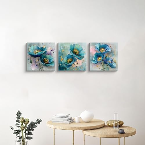 NAN Wind 3Pcs Blue Teal Poppy Flower Wall Art Canvas Print with Gold Accents Modern Botanical Floral Contemporary Watercolor Style Elegant Flower Artwork for Living Room Bedroom Home Office Wall Decor