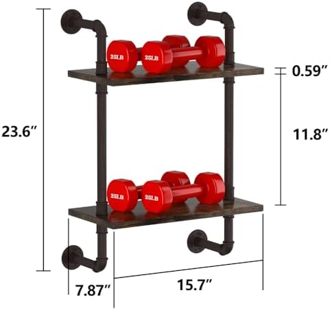 Helsin 2 Tier Industrial Pipe Floating Bathroom Shelves, 16inch Rustic Wood Wall Mounted Shelf, Storage Rack Sundries Holder for Kitchen Office Bathroom Organization & Home Décor