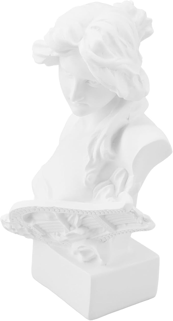 6" Greek Statue of Musical Goddess, White Resin Lyre Player Sculpture