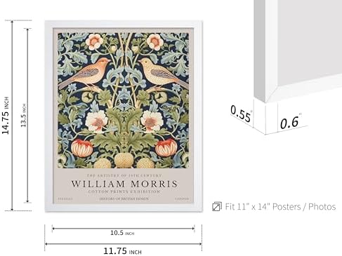 Poster Master William Morris Poster - Strawberry Thief Print - Bird Art - Botanical Art - Flower Artwork - Exhibition Creation - Animal Piece - Floral Illustration - Office or Bedroom Wall Decor - 11x14 White Framed