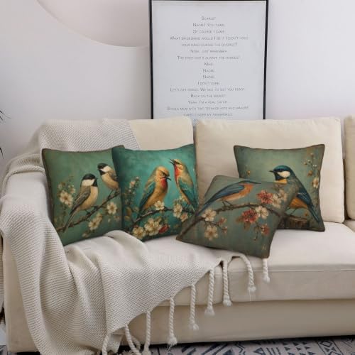 Vintage Bird Throw Pillow Covers Set of 4 Decorative Soft Double Sided Print Pillow Case Farmhouse Home Decor for Living Room Sofa Couch 18x18