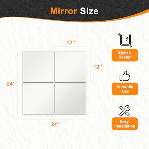 Delma Home Gym Mirrors, 12'' x 12'' Glass Mirror Tiles, 4 PCS | Square Large Wall Mirror, For Home Gym, Bedroom, Door, Bathroom, Frameless Mirror Sets
