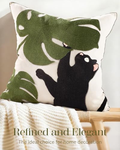 Spring Pillow Cover 18x18 Inch – Embroidered Summer Throw Pillow Cover Cat Monstera Leaves Farmhouse Decorative Cushion Case with Hidden Zipper Decoration for Couch, Sofa, Living Room(1 Pack)