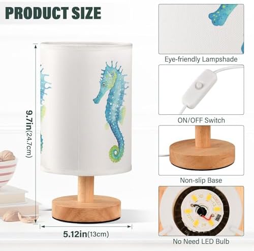 Table Lamp Watercolor Seahorse Marine Animal Nightstand Lamp with Wood Base Fabric Lamp Shade Bedside Desk Lamp for Living Room Bedroom Kids Room Office
