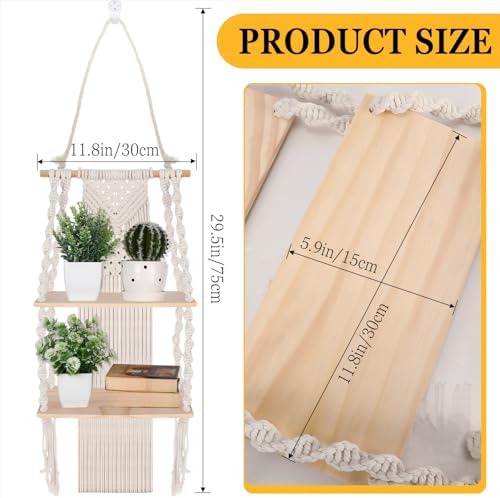Barydat 2 Pack Macrame Wall Hanging Shelf 2 Tier Handmade Boho Hanging Wall Shelf Floating Woven Rope Decorative Storage Racks Holder Organizer for Home Bedroom Bathroom Plants, Beige (Classic)