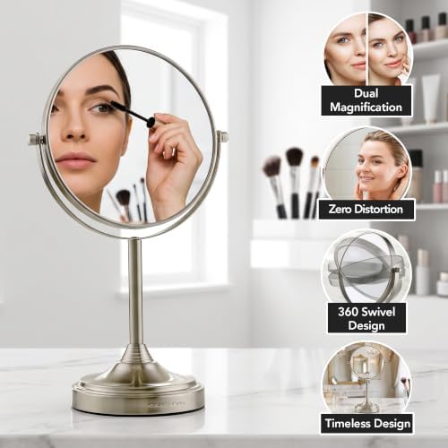 OVENTE 7" Tabletop Magnifying Makeup Mirror, Nickel Brushed MNLCT70BR1X7X | Double Sided Vanity Standing Mount Mirror with 1X/7X Magnification, 360° Rotation, Perfect for Dresser Bedroom Office Desk