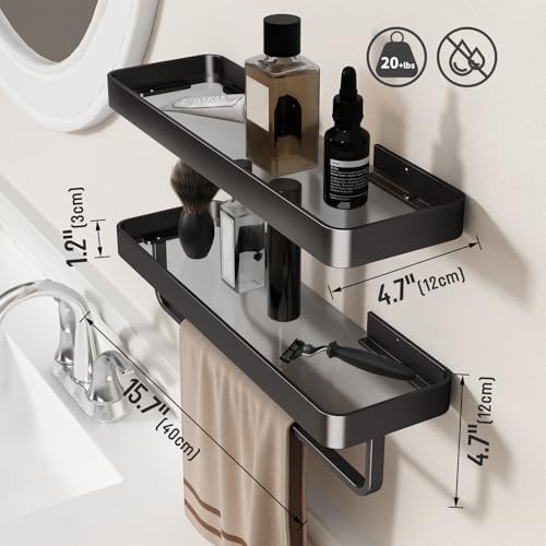 Danpoo 16-Inch Black Floating Bathroom Shelves with Towel Bar， Clear Tempered Glass Wall Shelf 2-Pack – Versatile Bathroom Organizer Set