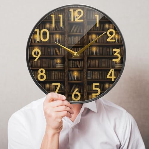 Naanle Multi-storied Mysterious Bookshelf Library Print Round Wall Clock, 12 Inch Silent Battery Operated Quartz Analog Quiet Desk Clock for Home,Office,School,Kitchen