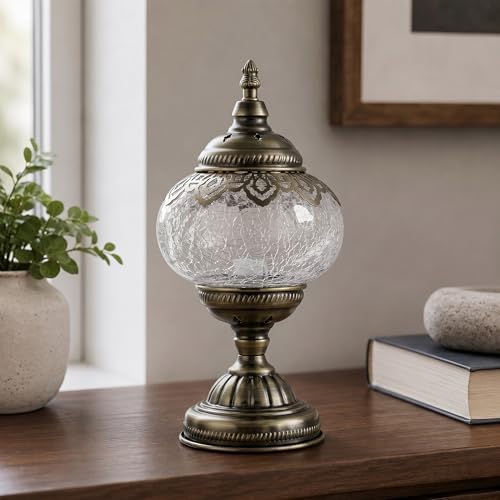 GOGERS Turkish Moroccan Table Lamp Lantern with Handmade Mosaic Glass Lampshade Tiffany Style Bohemian Stained Glass Decorative Desk Lamps Bedside Night Lights for Bedroom (White 1)