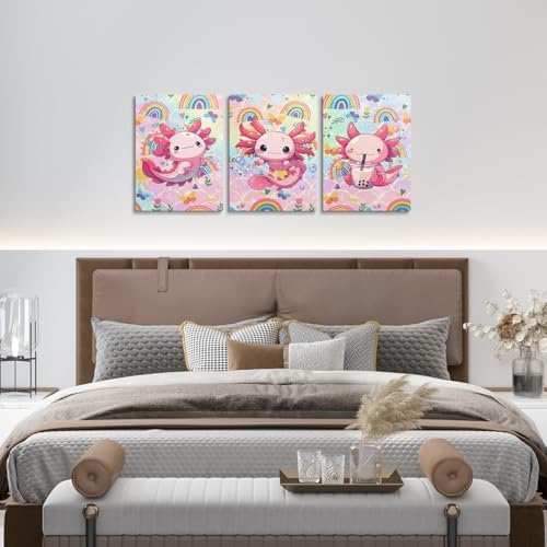 Feelyou Cute Axolotl Wall Decor for Living Room Bedroom Wall Art Cartoon Axolotl Wall Painting Wall Artworks Hang Pictures Office Decor Mermaid Scales Bathroom Home Decor Posters 12x16 inch 3 Piece