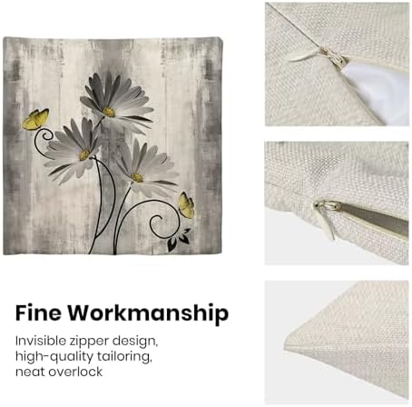 Grey Yellow Floral Pillow Covers 18 x 18 Inch Set of 2 Daisy Floral Butterfly Decorative Throw Pillow Covers Linen Rustic Farmhouse Cushion Cases for Home Sofa Couch Living Room Decor
