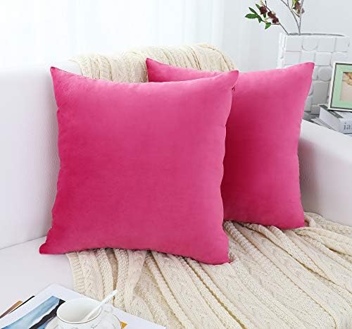 Jeneoo Comfy Soft Thick Velvet Throw Pillow Cases for Sofa Couch, Decorative Solid Square Cushion Covers for Bedroom Car (Hot Pink, 18 x 18 Inches, 2 Pieces)