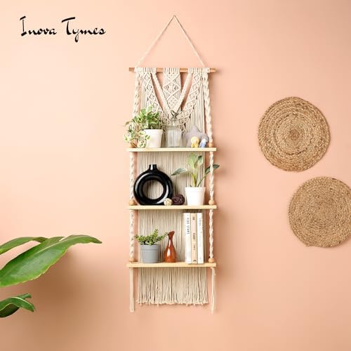 Macrame Wall Hanging Shelf 3 Tier - Boho Bedroom Decor | Macrame Wall Decor | Boho Shelf Decor, Hanging Shelves for Wall, Woven Rope Floating Wood Shelves & Storage for Small Plants