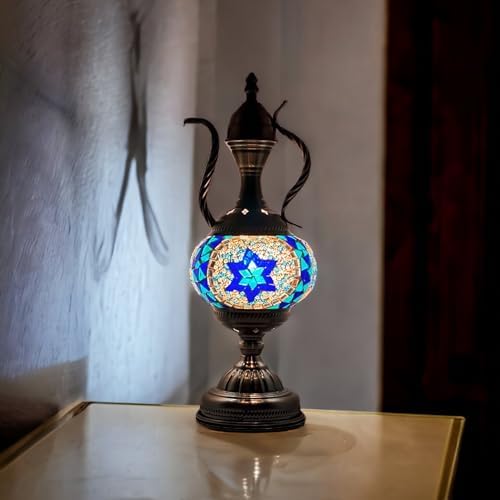 SILVERFEVER Handcrafted Mosaic Turkish Lamp Moroccan Glass Table Desk Bedside Light Bronze Base with E12 Bulb (Star of David Aladin)