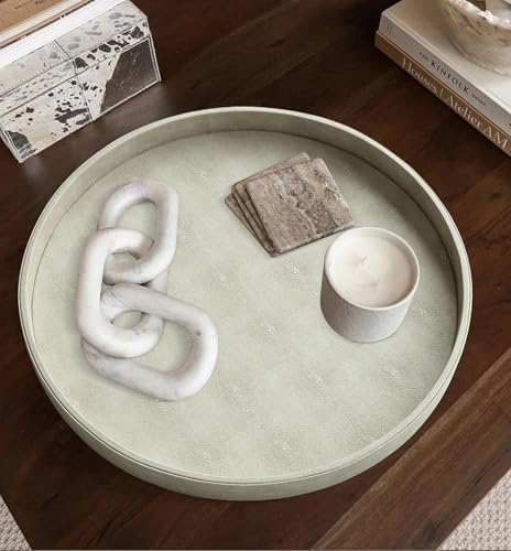 HofferRuffer Large Round Serving Tray 24'', Elegant Faux Leather Circle Ottoman Table Tray, Serve Tea Coffee Breakfast in Bedroom Living Room Kitchen (Cream White)