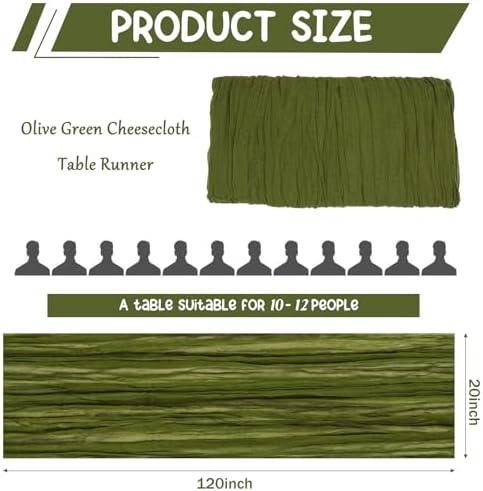 2 Pack 120 Inch Olive Green Cheesecloth Table Runner Boho Rustic Gauze Sheer Romantic 10 FT Long Cheese Cloth Table Runner for Bridal Baby Shower Wedding Party Birthday Holiday Home Easter Decor