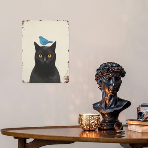 Funny Metal Tin Sign Cat With Blue Bird - Vintage Wall Art for Living Room, Bathroom, Kitchen - Humorous Home Decor Poster - Man Cave Decoration 12x8 Inches(4038)