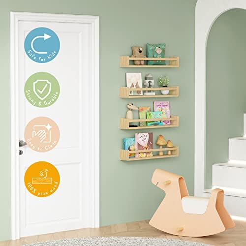 Forbena Natural Wood Nursery Bookshelves for Wall, 24 Inches Long Floating Book Shelves, Wall Mounted Bookcase for Baby Teen Girl Boy Kids Room Bedroom, Playroom Organizer, Bathroom Decor (4-Pack)