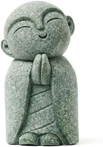 Jizo Statue, Little Monk Buddha Figurines for Zen Garden and Aquarium, Natural Sandstone Sculpture with Tilt Smile, Meditation Decor for Home Office Desk, Grey (Jizo Monk)